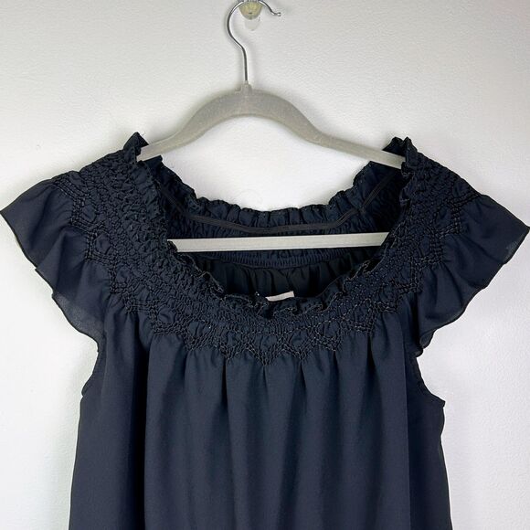 Lands’ End Off the Shoulder Ruched Ruffle Crop Top Black Embroidered Shirt 10 - Picture 2 of 10
